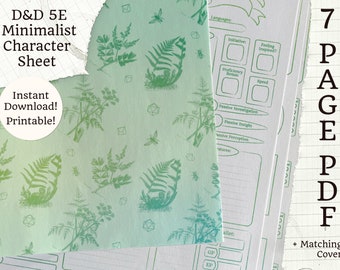 印刷可能な 5E キャラクターシート | ミニマリスト グリーン | 7 ページ PDF + シダ ダイス カバー | D&D