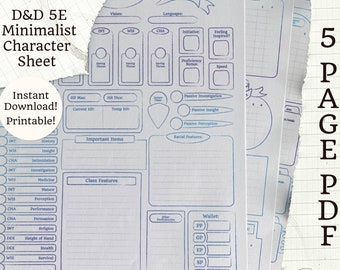 印刷可能な 5E キャラクターシート | ミニマリスト ブルー | 5 ページ PDF | D&D