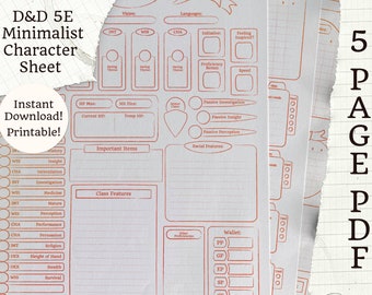 印刷可能な 5E キャラクターシート | ミニマリスト レッド/オレンジ | 5 ページ PDF | D&D