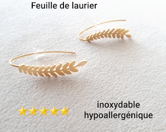 Hypoallergenic stainless steel 316 slightly dangling earrings with golden laurel leaf, or ear contour