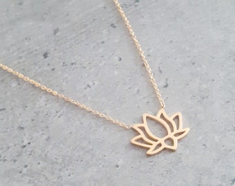 Nouveau collier acier inoxydable doré 40 cm, fleur de lotus ajouré