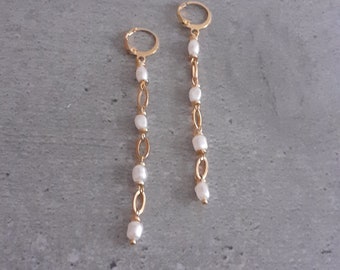 New gold stainless steel earrings mini white freshwater pearl creole