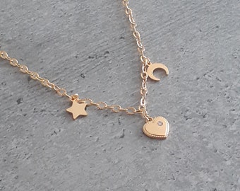 Nouveau collier acier inoxydable doré 40 cm pampille coeur étoile lune