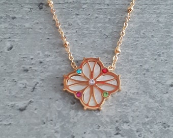 New golden stainless steel necklace 42 cm, pearly clover with colored stone, lucky necklace brings good luck