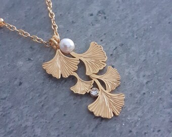 New golden stainless steel necklace ginkgo leaf plant pearl rhinestone