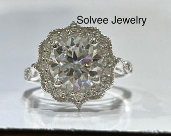 2.00 CT Runder Halo Moissanite Verlobungsring Sun Burst Runder Schnitt Moissanite Ring Versprechensring Ehering - 14K Weißgold Ring für Frauen