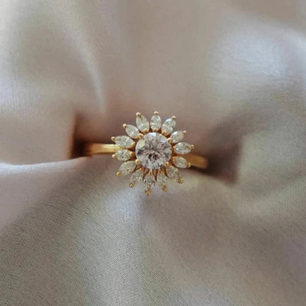 Vintage Style Round Cut Moissanite Diamond Starburst Engagement Ring, Unique Halo Wedding Ring, 14K Gold Anniversary Ring For Her