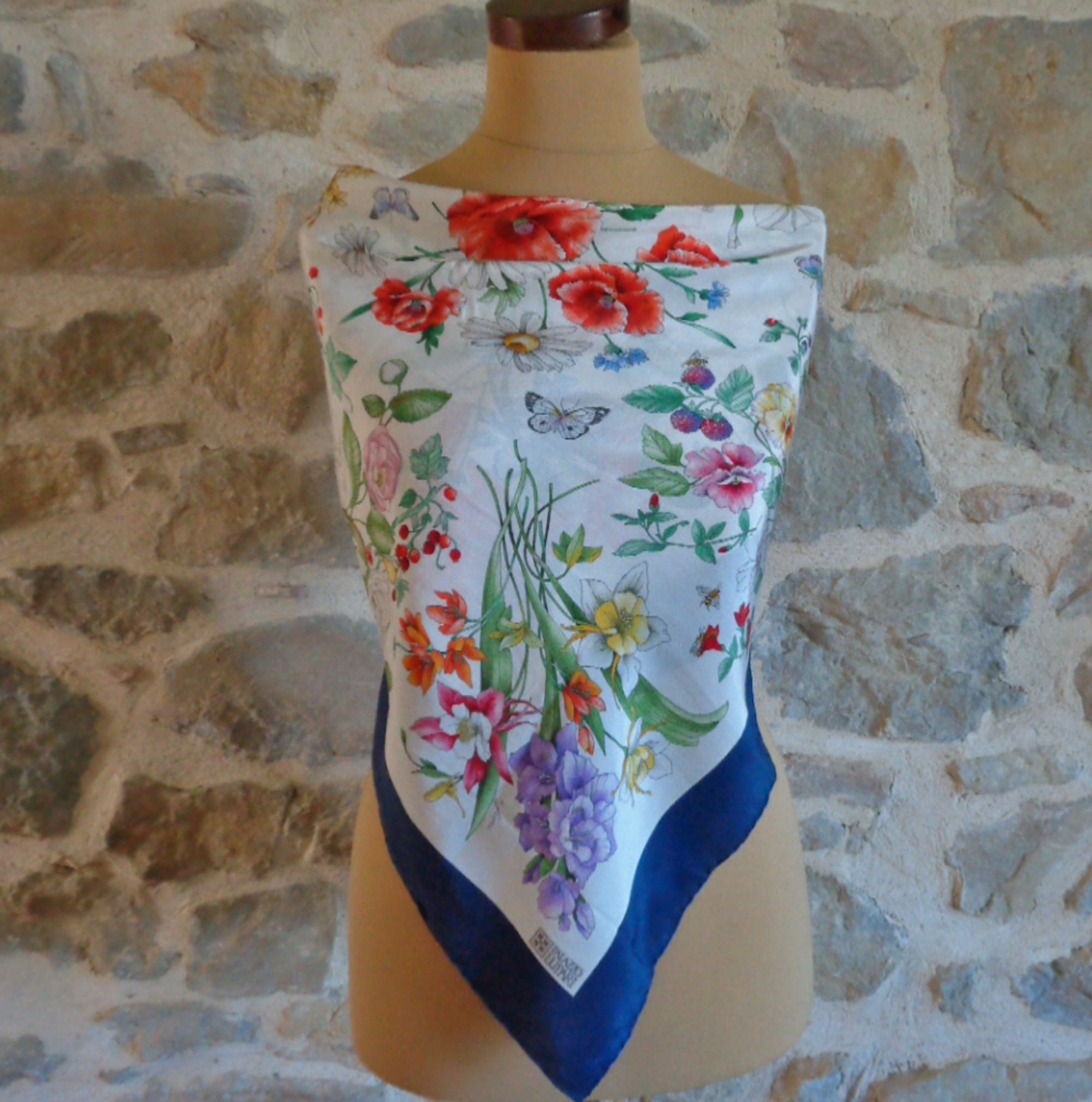 Foulard Carré En Soie 100% PLAZZO LUPARI - Vintage Italien Fait Main - Motif Floral Multicolore