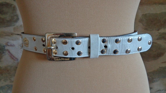 Louis Feraud white leather belt with gold crowns,… - image 2