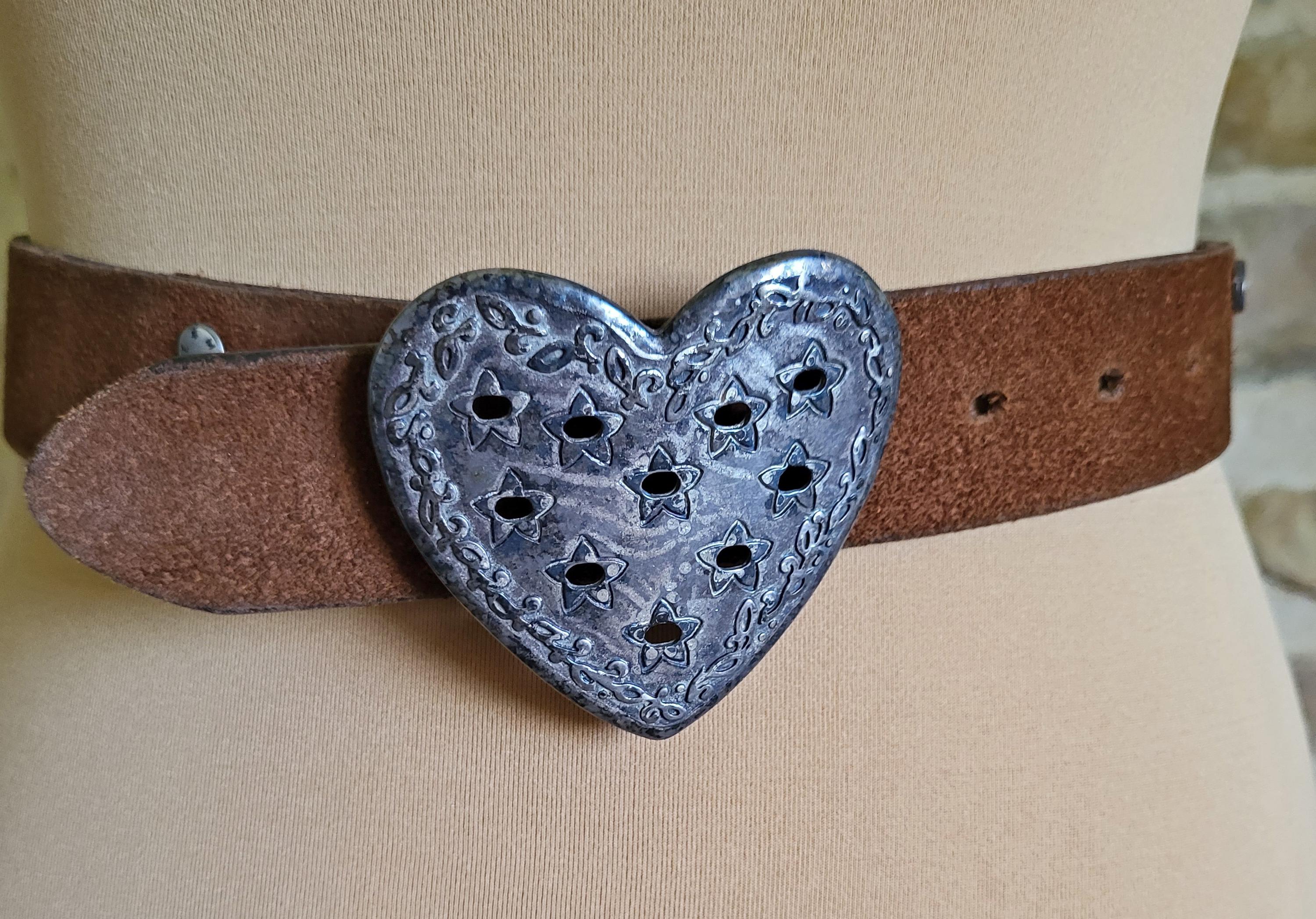 Vintage Suede Leather Belt With Pierced Heart Buckle - Etsy display picture 1
