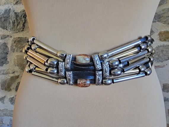 Black leather belt with metal details, 80s wide statement belt