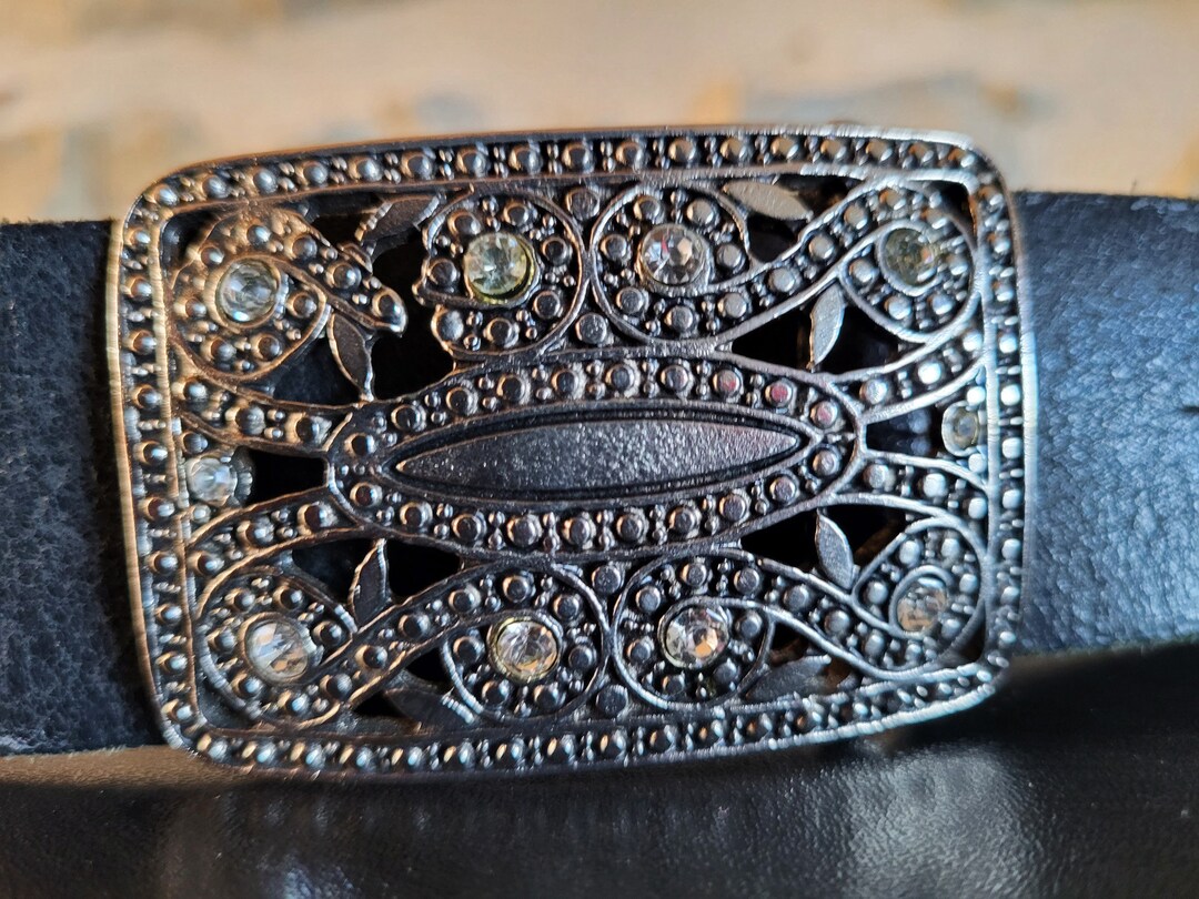 Vintage Black Leather Rhinestone Belt, Marcasite Style  display picture 3