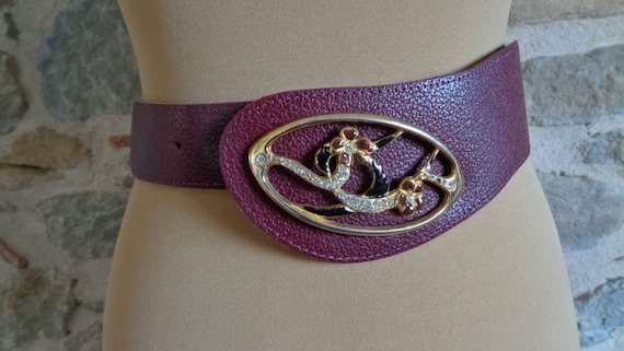 Oxblood Red Leather Belt, Rhinestone Studded Flower, Real