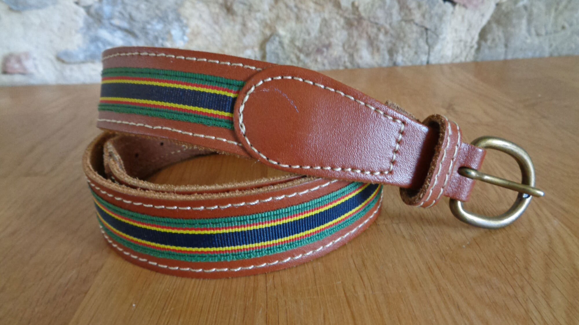 FRENCH GIRL STYLE STRIPES CLOTHE WRAP BELT W GOLDTONE BUCKLE Dark green and purple striped belt with gold-tone buckle  main image 4