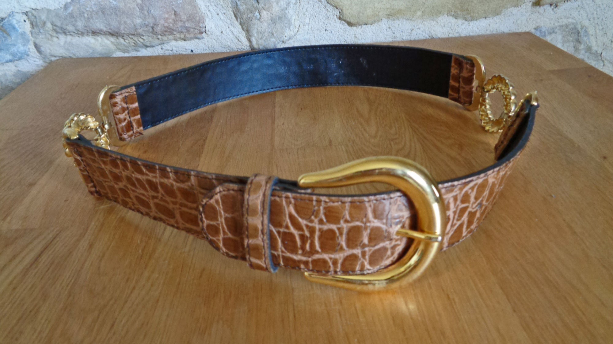 Brown Vinyl Snake Effect Belt, Gold Metal Details, Faux  display picture 1