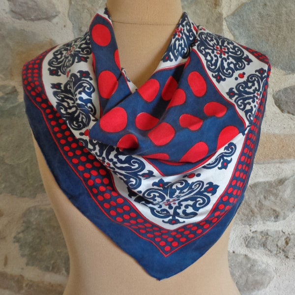 Foulard en soie rouge, blanc et bleu, foulard vintage à gros pois