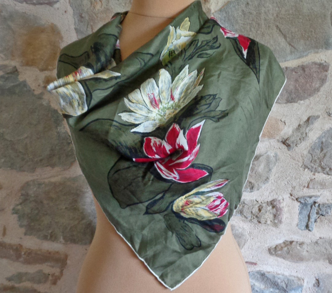 Moss Green Silk Scarf French Vintage Scarf With Large White Etsy
