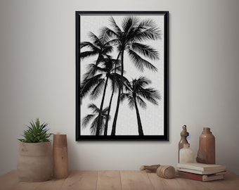 Palmträdstryckta poster, abstrakt palmträdsväggdekor, trädnaturkonst, svartvit digital nedladdning för utskrift.