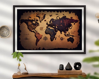 World map print poster worldmap wall art decoration Boho digital download for printing