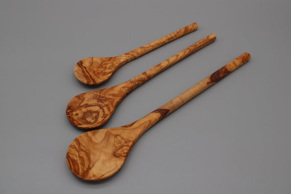 Kochlöffel rund aus Olivenholz – Handgemacht – Länge wählbar – Küchenhelfer – Geschenkidee – Holzlöffel natur  – Rustic Cooking Spoon