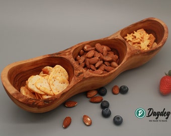 3-compartment bowl | elongated | made of olive wood | Handmade