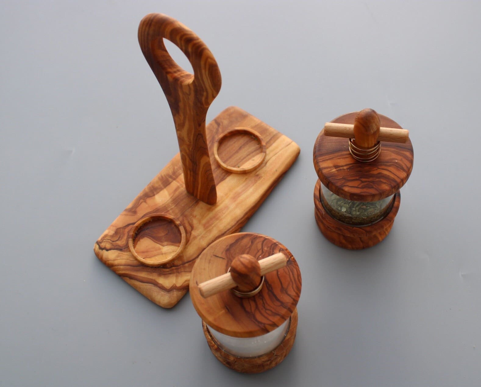 Set of 3 salt, pepper, and herb mills with holder | Handmade from olive wood | Rustic kitchen gift