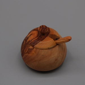 Olive wood box with spoon | Handmade sugar bowl, salt bowl, spice jar | Natural wood kitchen storage