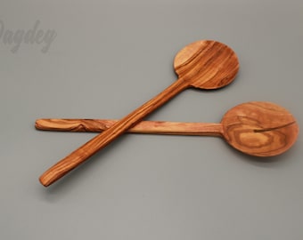 Juego de 2 cubiertos para ensalada de madera de olivo | Cubiertos de servir de aprox. 27 cm | Hechos a mano | Naturales y rústicos | Idea de regalo para la cocina