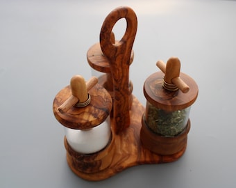 Set of 4 salt, pepper, and herb mills with holder | Handmade from olive wood | Rustic spice mill set | Natural wood kitchen gift