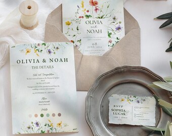 DIY WILDFLOWER Wedding Invitation Set: Editable Canva Templates- RSVP and Details Cards,  Printable Bundle
