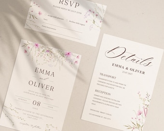 Wildflower Wedding Invitation Bundle: Editable RSVP & Details Card (Canva Template)