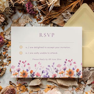 Modelo de cartão de resposta RSVP para casamento com flores silvestres, cartão postal RSVP, download de cartão RSVP para casamento para impressão, modelo CANVA editável