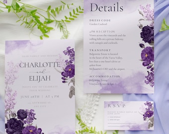 Purple Floral Wedding Invitation Bundle: Editable Template (Digital Download)