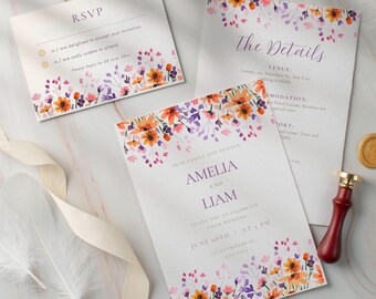 WILDFLOWER WEDDING INVITATION Template and Editable Canva Invitation Set: Printable Rsvp & Details Card Bundle