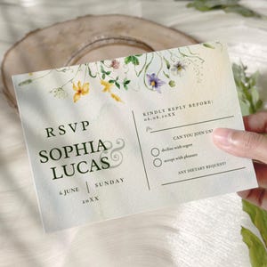 Modelo de cartão de resposta RSVP para casamento com flores silvestres, cartão postal RSVP, download de cartão RSVP para casamento para impressão, modelo CANVA editável