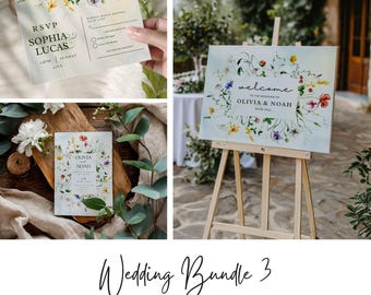 WILDFLOWER WEDDING INVITATION Bundle and Editable Canva Templates: Rsvp Card, Welcome Sign, Digital Download