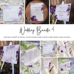 Purple Floral Wedding Invitation Set: Editable Canva Template (Digital Download