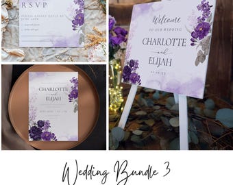 Purple Floral Wedding Invitation Bundle: Modern Elegant Design (Digital Download)