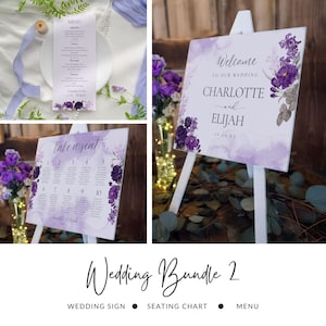 Purple Floral Wedding Invitation Set: Editable Canva Templates (Digital Download
