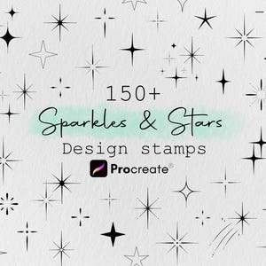 Op de afbeelding: Een verzameling van meer dan 150 zwarte glitter- en sterontwerpstempels. De tekst "150+ Sparkles & Stars Design stamps" wordt boven het Procreate-logo weergegeven. De sterren variëren in grootte en stijl, tegen een witte achtergrond.