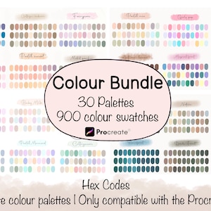 May include: A digital art color bundle with 30 palettes and 900 color swatches. The image displays various color palettes with names like "Purple Blues" and "Girly Pop". Text on the image says "Colour Bundle" and "Hex Codes".