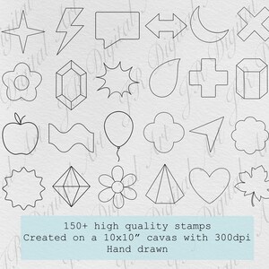 Puede incluir: Un conjunto de sellos de arte lineal negro con diversas formas, incluyendo estrellas, rayos, bocadillos, flechas, lunas, cruces, flores, gemas y una manzana. El texto inferior dice "150+ high quality stamps".