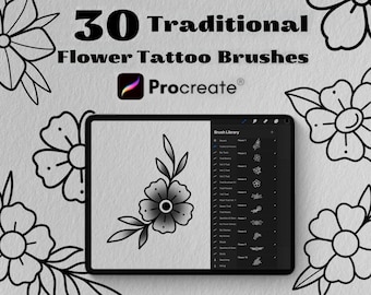 May include: A digital illustration of 30 traditional flower tattoo brushes for Procreate. The image shows a tablet screen with a list of brushes and a sample flower tattoo design.