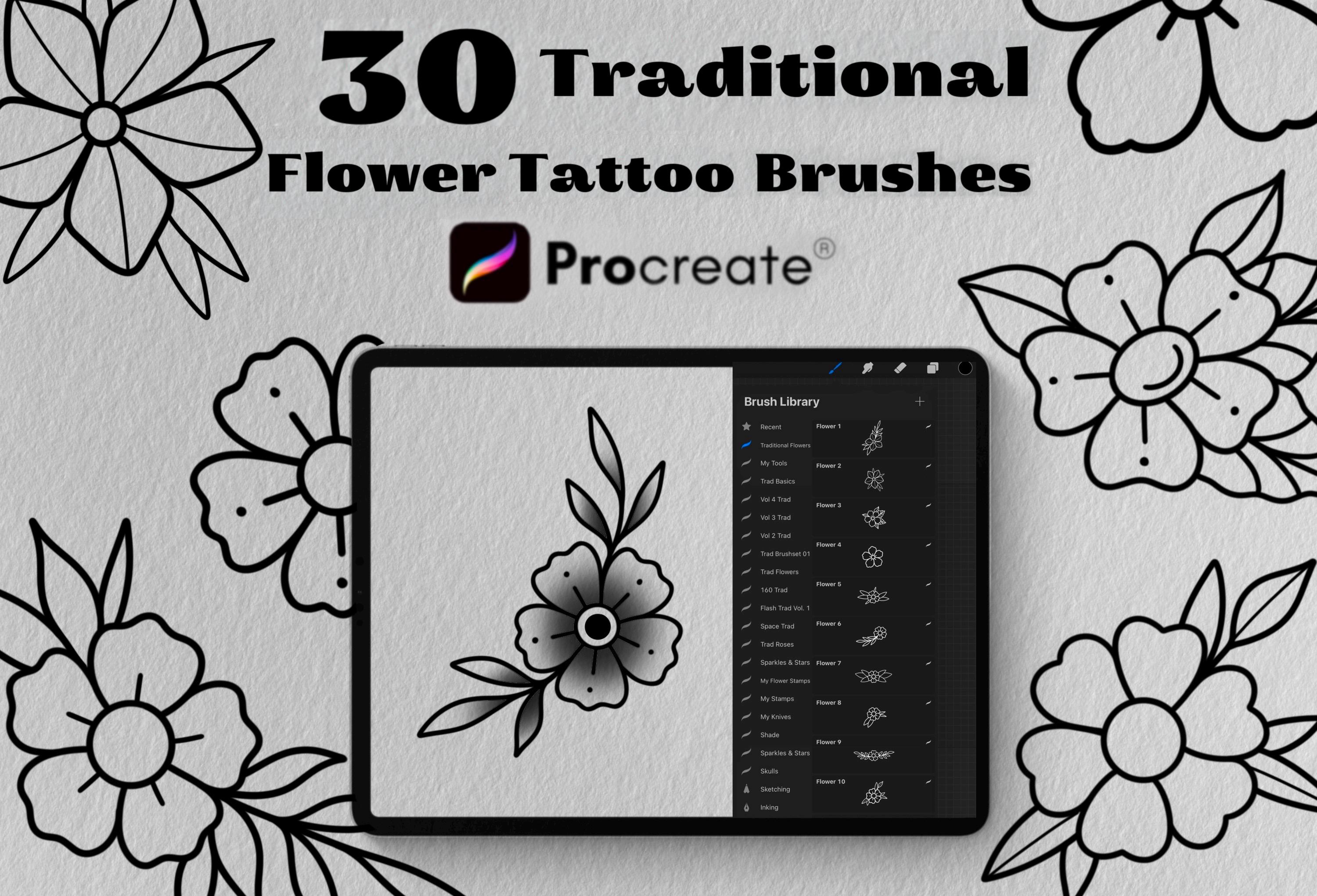 30 Flower Tattoo Designs, Brushes Procreate Bundle, Procreate Brush ...