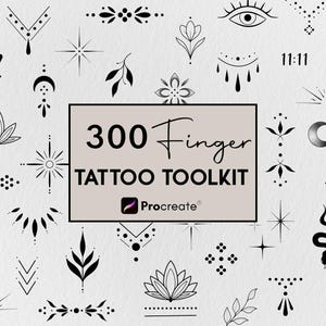 Könnte beinhalten: Eine digitale Sammlung von 300 schwarzen Strichzeichnungen für Tattoo-Designs für Procreate, mit verschiedenen Symbolen wie Augen, Sternen, Lotusblumen, Monden, Schlangen und geometrischen Mustern sowie dem Text 300 Finger TATTOO TOOLKIT.