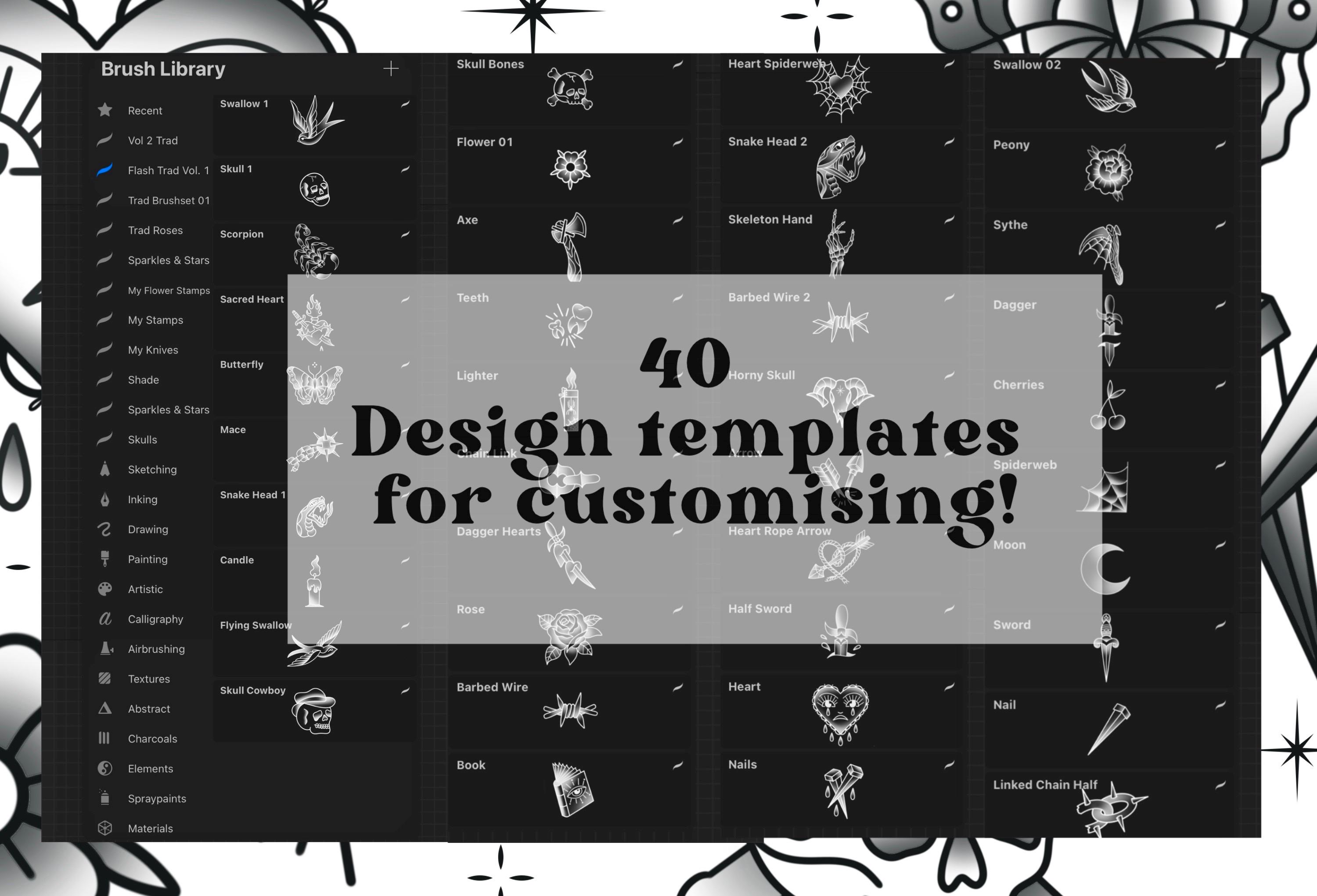 40 Traditional Tattoo Brushes Procreate Bundle, Tattoo Brush Set ...