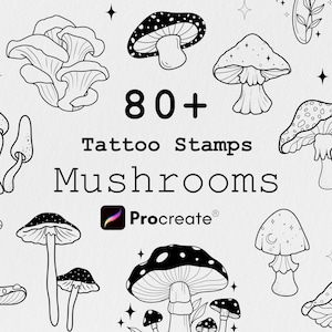 May include: Black and white illustration of various mushroom designs. The image includes the text "80+ Tattoo Stamps Mushrooms" and the Procreate logo. The mushrooms are in different shapes and sizes, with some featuring dotted caps.
