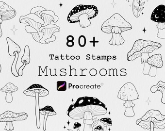 80+ Mushroom Tattoo Procreate Bundle, Tattoo Stencil Designs, Tattoo Flash, Procreate Tattoo brushes, Fineline, Mushroom designs