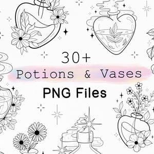 Könnte beinhalten: Schwarz-Weiß-Illustrationen von Tränken und Vasen, einige mit floralen und botanischen Elementen. Der Text "30+ Potions & Vases PNG Files" ist ebenfalls enthalten. Die Designs sind detailliert und skurril, mit einem magischen oder Fantasy-Thema.