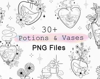 Paquete de 25 pociones y jarrones PNG, pociones PNG, descargas de paquetes PNG, pociones de brujas, jarrones con flores